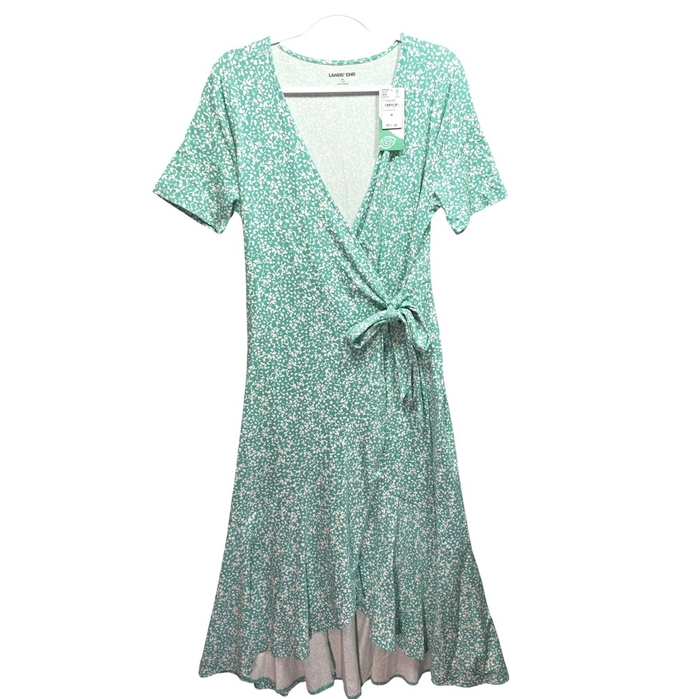 Lands End Wrap Midi Dress Sz M Frosted‎ Green Flower High Low Tencel Flowy NWT